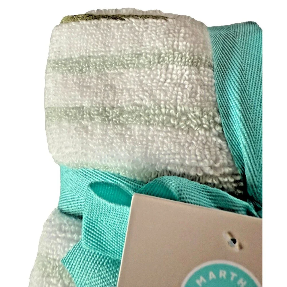 Martha Stewart Facecloths Washcloths White Green Blue Stripe 13x13